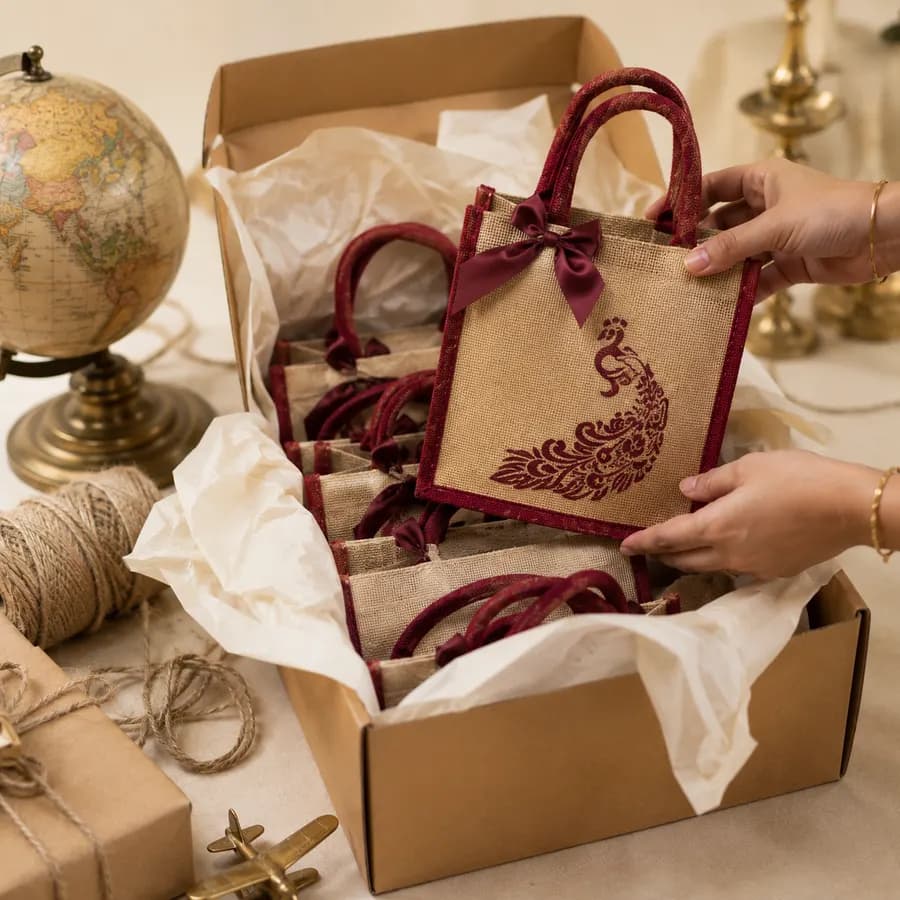 Jute wedding bags being carefully packed into a shipping box for international delivery
