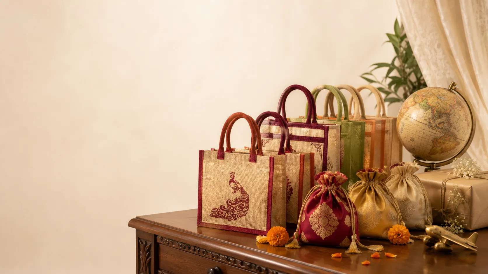 Handcrafted jute wedding bags and potli bags beside a globe, ready for worldwide delivery