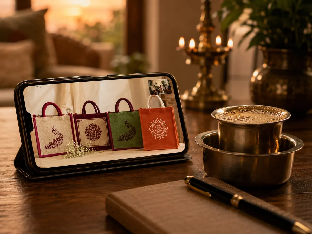 Choosing jute wedding bag designs on a video call over filter coffee