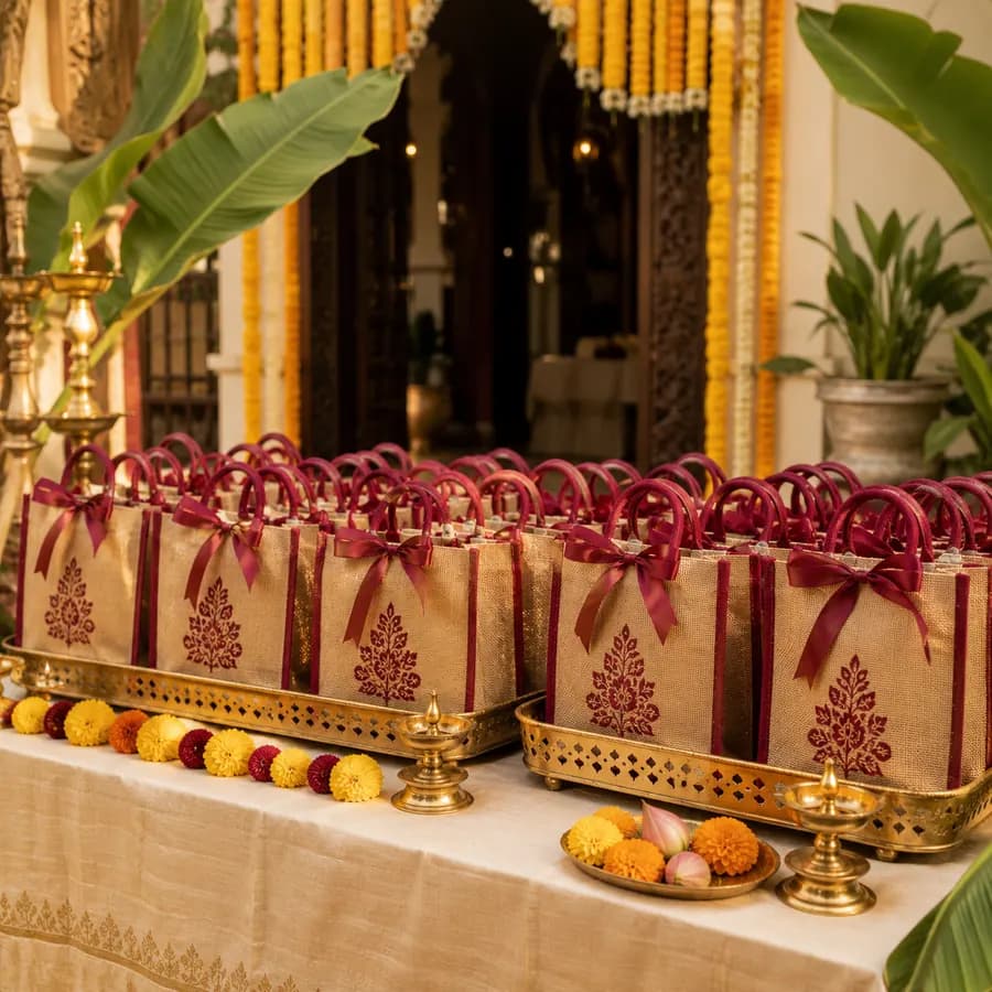 Rows of jute thamboolam bags arranged at a decorated Indian wedding venue