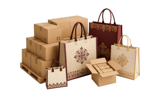 Bulk jute bags and cartons ready for wholesale dispatch
