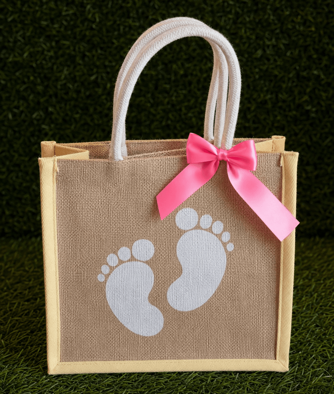 Premium Baby Footprint Printed Jute Bag with Satin Ribbon